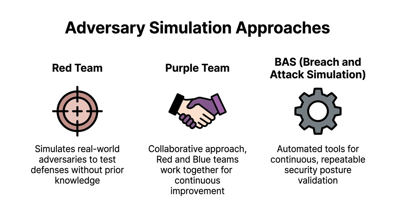 A diagram illustrating adversary simulation approaches, including Red Team, Purple Team, and Breach and Attack Simulation.