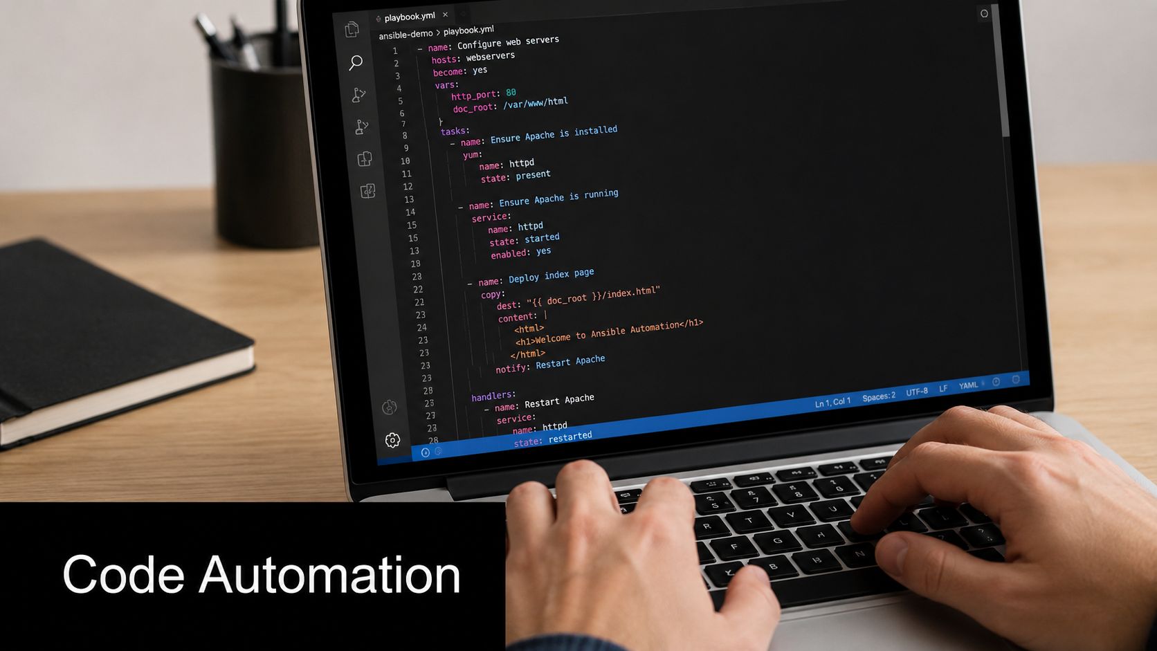 A person writing Ansible automation code on a laptop screen with a dark mode code editor interface.