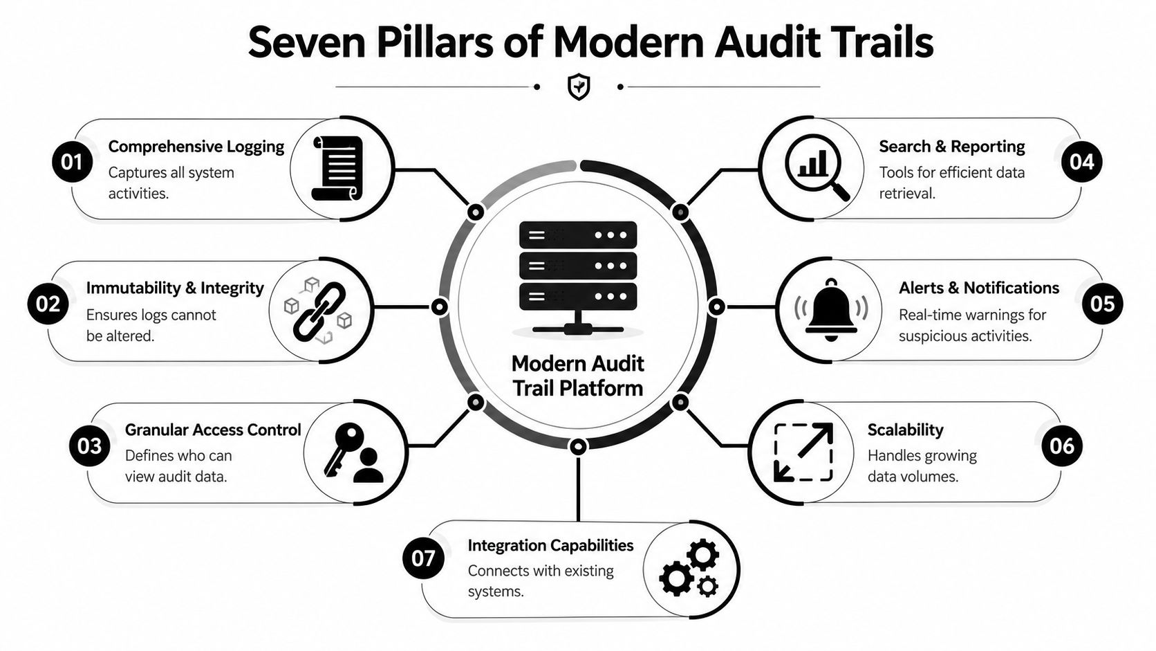 A diagram illustrating the seven essential pillars of a modern audit trail platform for digital systems.