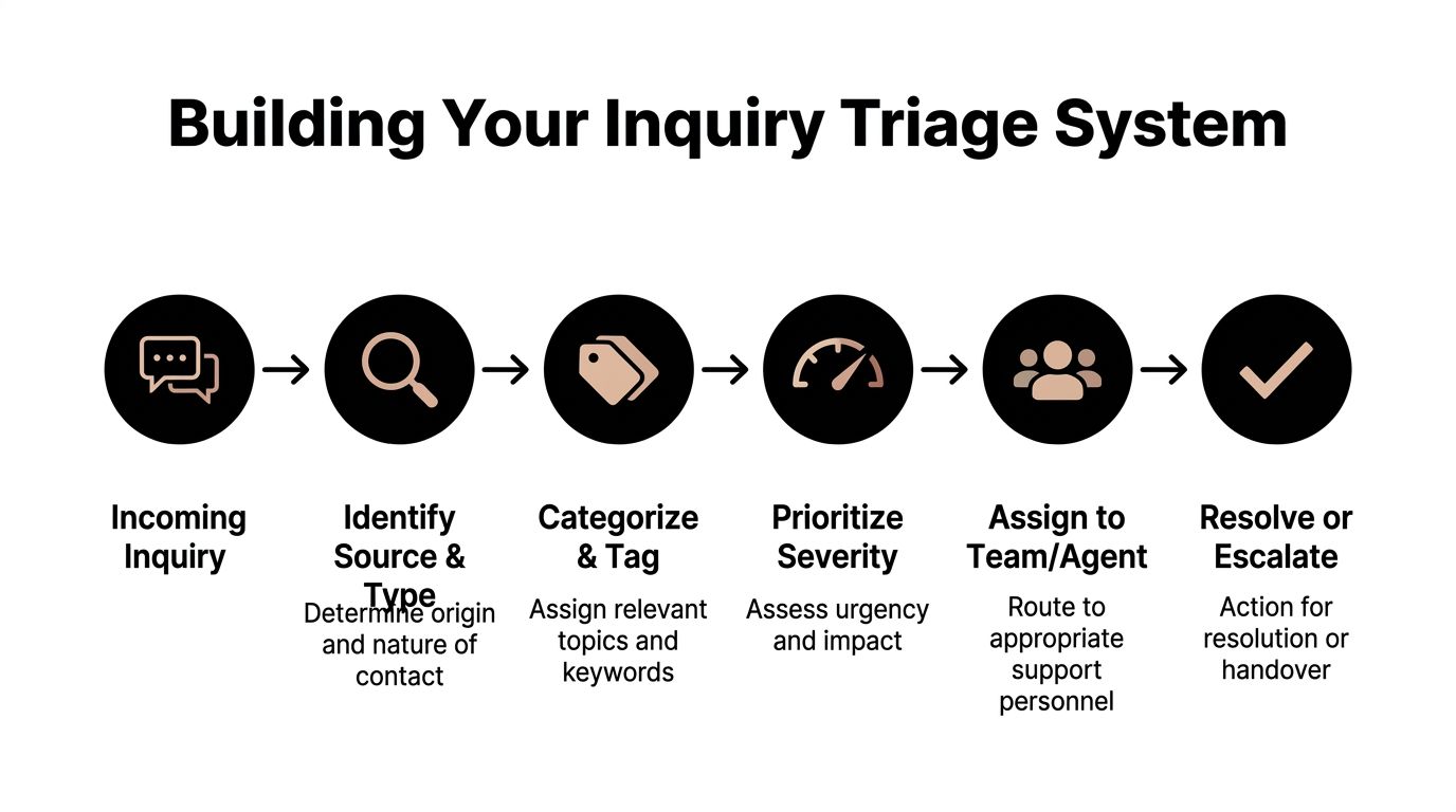 A six-step flowchart illustrating the inquiry triage process for efficient customer support and issue resolution.