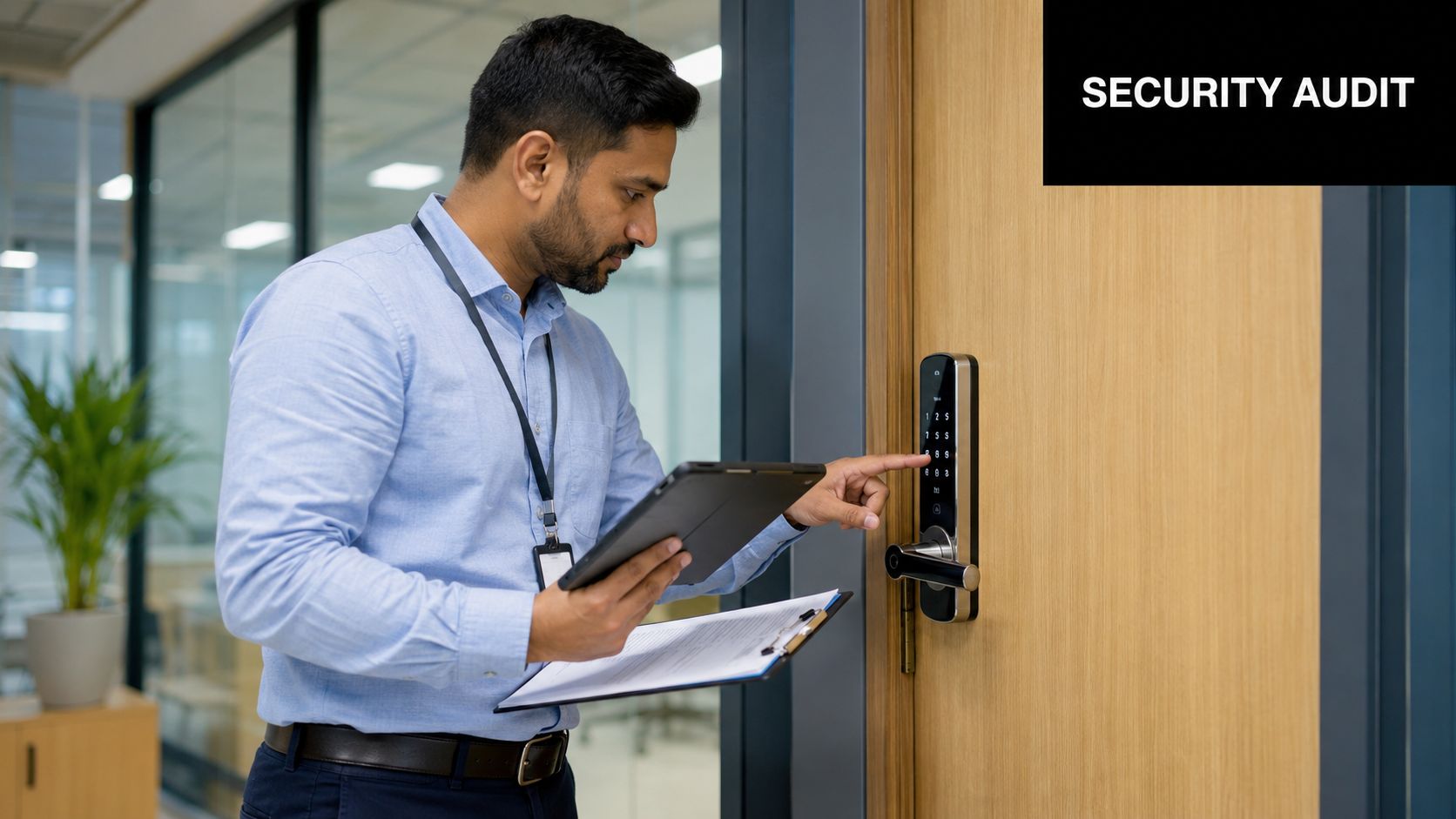 A professional security auditor holding a digital tablet and clipboard while checking an electronic door keypad.