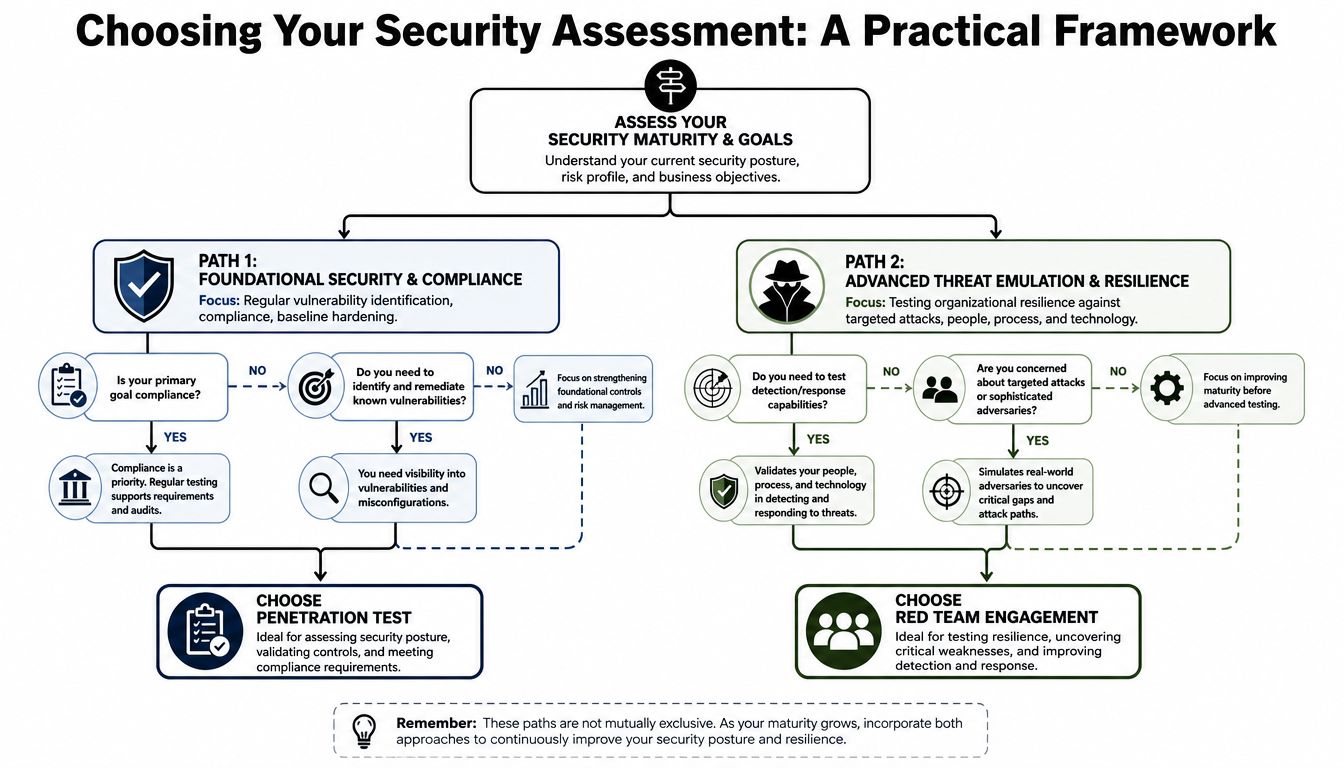 A flowchart framework for choosing between a security penetration test and a red team engagement assessment.