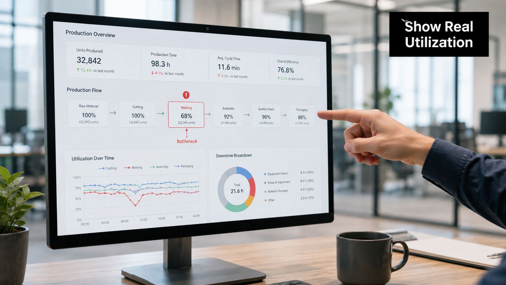 A professional desk monitor displaying a production dashboard with analytics on manufacturing flow, efficiency, and resource utilization.